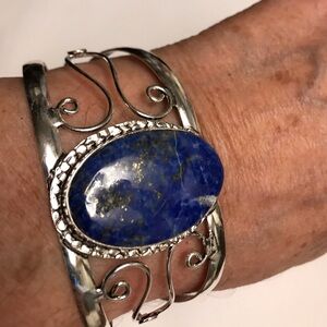 Lapis Lazuli Stamped 925 Sterling Silver Cuff Bracelet